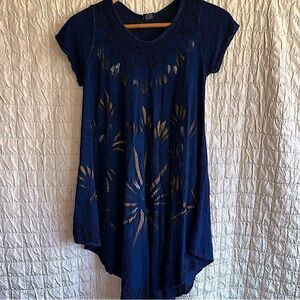 Fashion Force India Embroidered Hand Painted Gauze Beach Dress Blue One Size